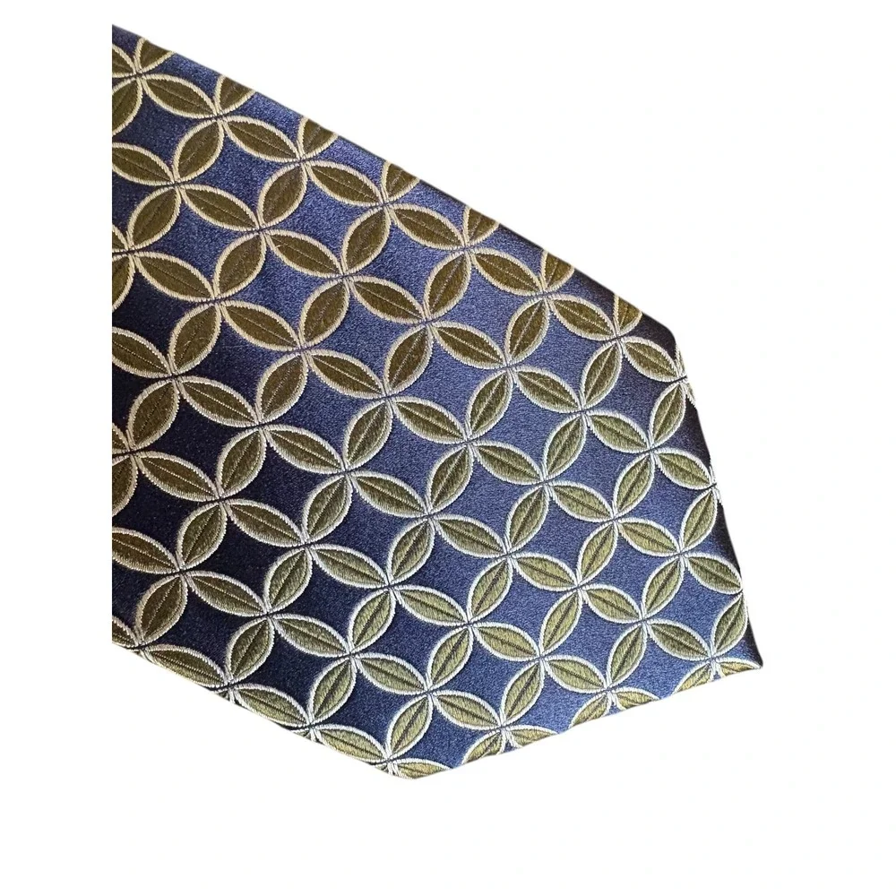 Stafford 100% Silk Tie Blue Gold Geometric Circle Pattern Men's Necktie 60x3.75